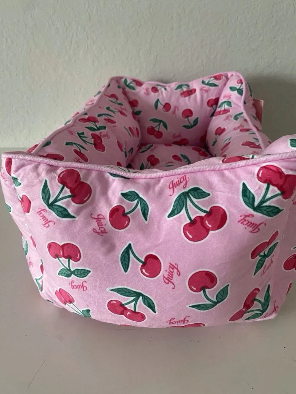 Juicy Couture Velour Cuddler Dog Pet Bed Cherries Cherry Pink 24” X 14” X 8” NEW